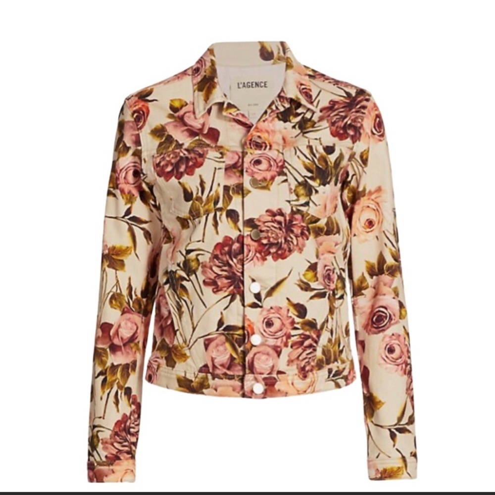 NEW L’AGENCE Celine Floral Print Denim Designer Trucker Jacket in Pomelo Rosa